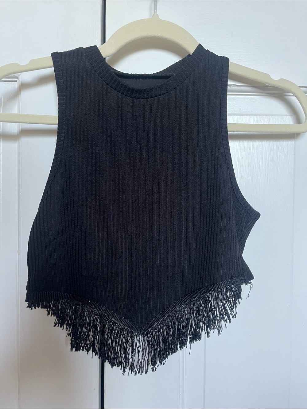 SHEIN Black Fringe Ribbed Cropped Tank Top
